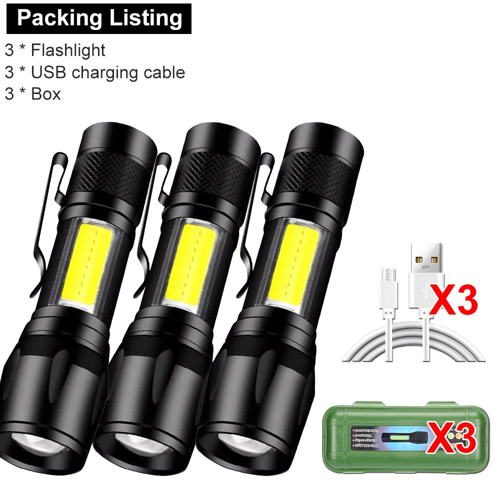Mini Rechargeable LED Flashlight COB+XPE Portable Torch Camping Lantern Zoomable Focus Light Tactical Flashlight with Pen Clip Oasis Select 3PCS With Box Built in battery
