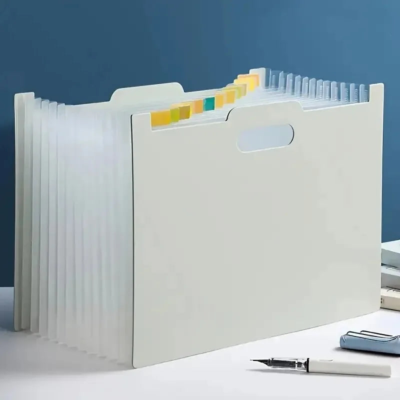 A4 File Organizer Foldable, Desktop Storage Box with Multiple Pockets & Labels, Durable ABS Plastic for Office Home School Oasis Select grey