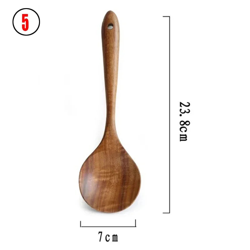 7pcs/set Teak Natural Wood Tableware Spoon Ladle Turner Rice Colander Soup Skimmer Cooking Spoon Scoop Kitchen Reusable Tool Kit Oasis Select 5