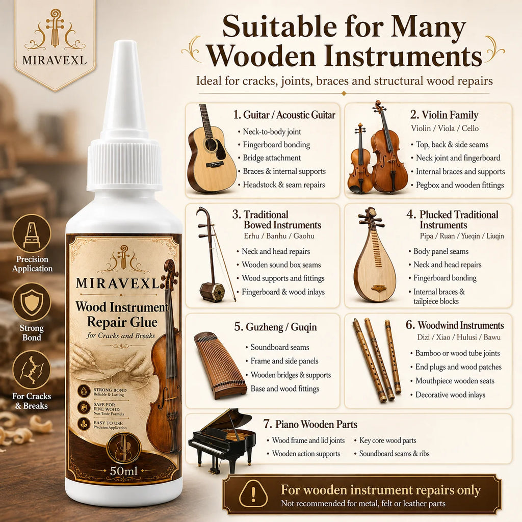 Wood Instrument Repair Glue 50ml Set Flat Brush Detail Brush for Guitar Violin Cello BridgeNeck Crack Fix Adhesive Kit Pack Pro Oasis Select