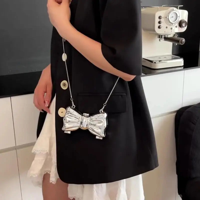 Metal Mini Crossbody Bag | Acrylic Bow Clasp & Chain Strap