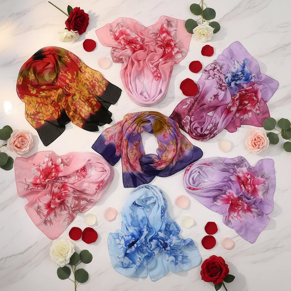 Elegant 160*50cm Chiffon Scarf Sunscreen Gradient Shawl Silk Flower Print Washable Beach Gauze Scarf for Women Oasis Select
