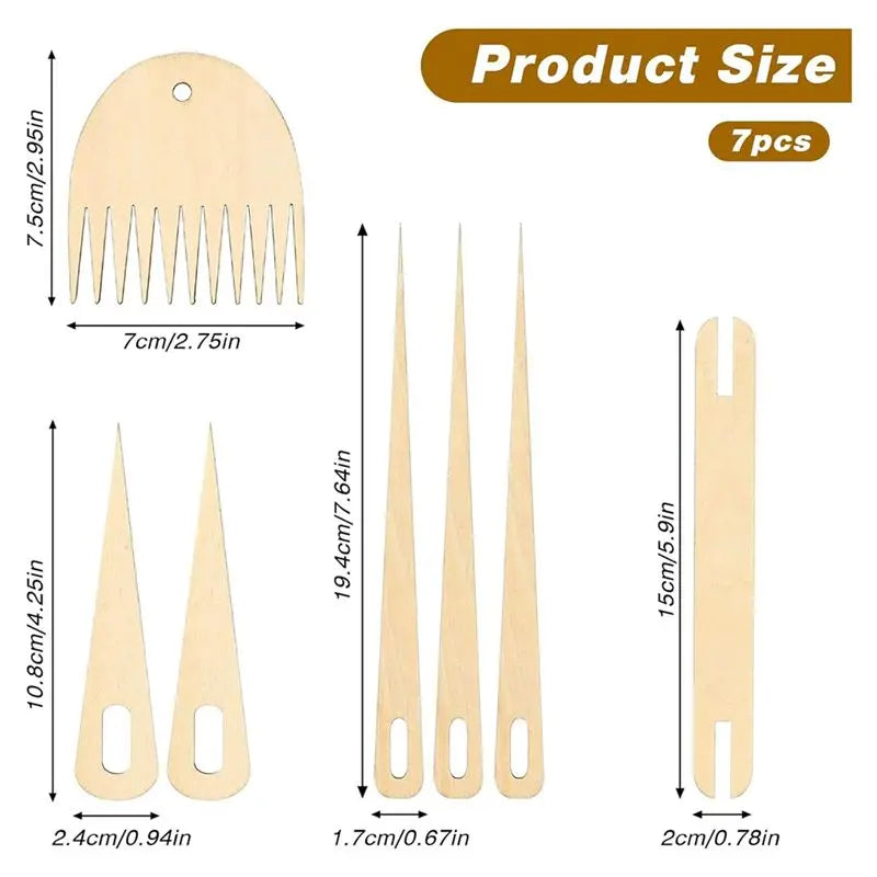 LIKE WISH 7Pack Wood Hand Loom Stick Set Include 1Pcs Wooden Shuttle 1Pcs Wood Weaving Comb Oasis Select