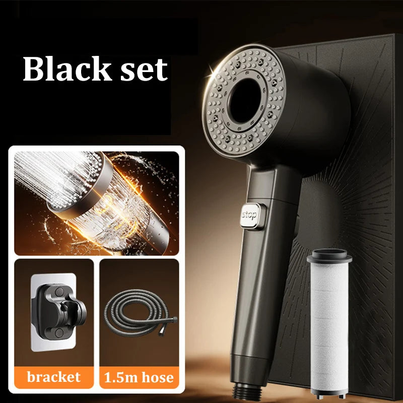 Filtered Super-pressurized Shower Head Five-speed Handheld Hollow Large Water Outlet Bathroom Shower Head Set Oasis Select Black Set