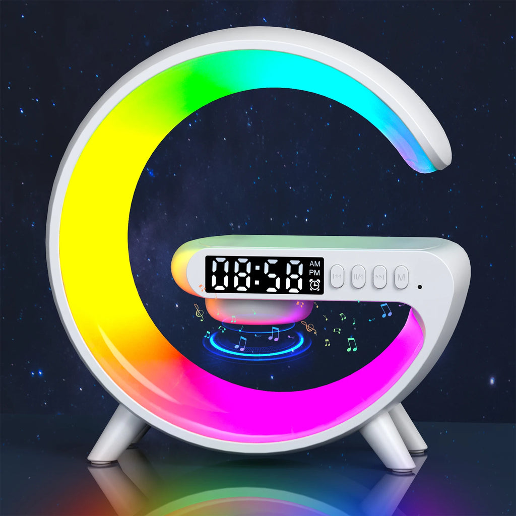 Small RGB Wireless Charger Smart Wireless Bluetooth Speakers Sunrise Alarm Clock & Wake Up Light 15W Fast Charging Dock Station Oasis Select white