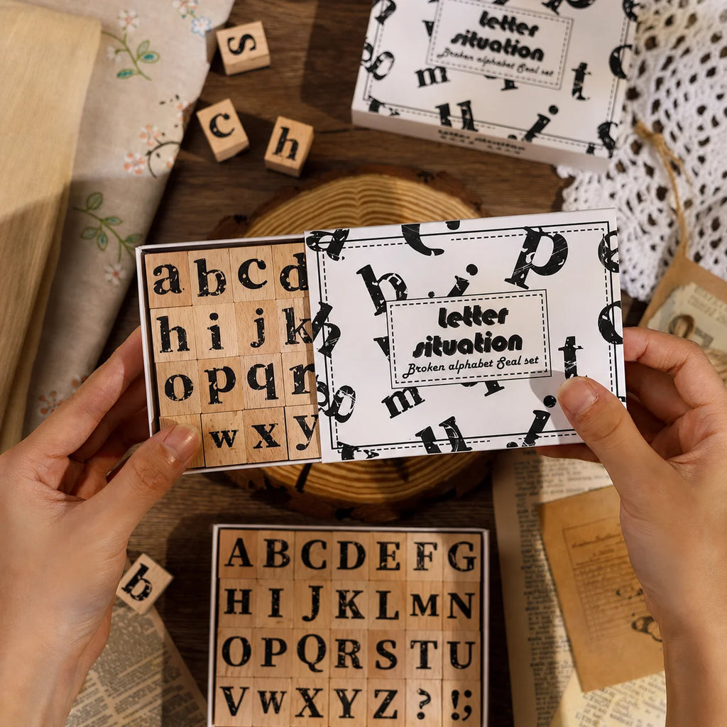 Vintage Broken Style Wooden Rubber Stamp Set – Letters & Numbers