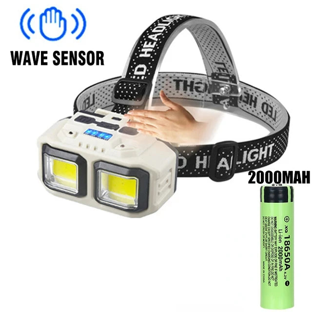 Powerful LED COB Sensor Headlamp 4 Lighting Modes Type-C Rechargeable battery display Waterproof Outdoor Camping Headlight Oasis Select Sensor 2400mAh