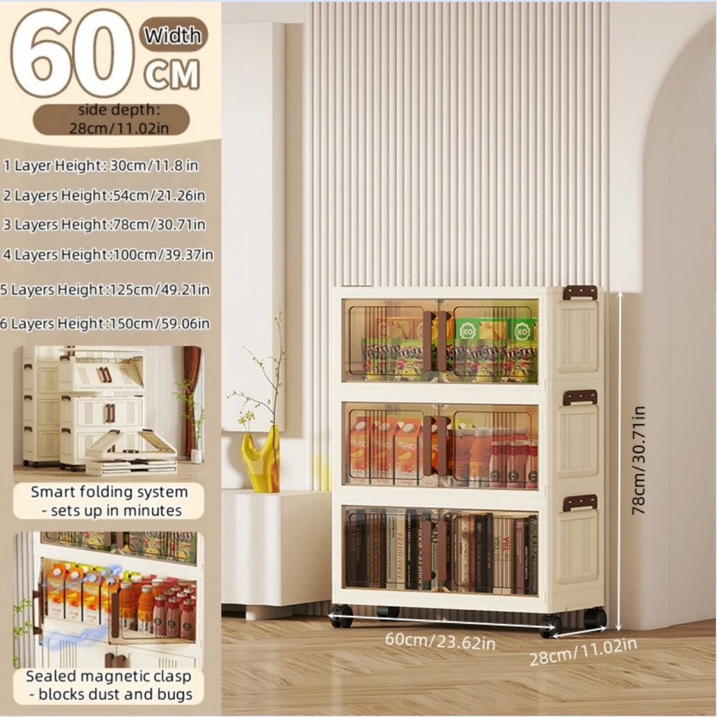 Foldable storage cabinet - movable multi-level double-door storage cabinet - living room and kitchen transparent storage box Oasis Select 3 Tier Gray