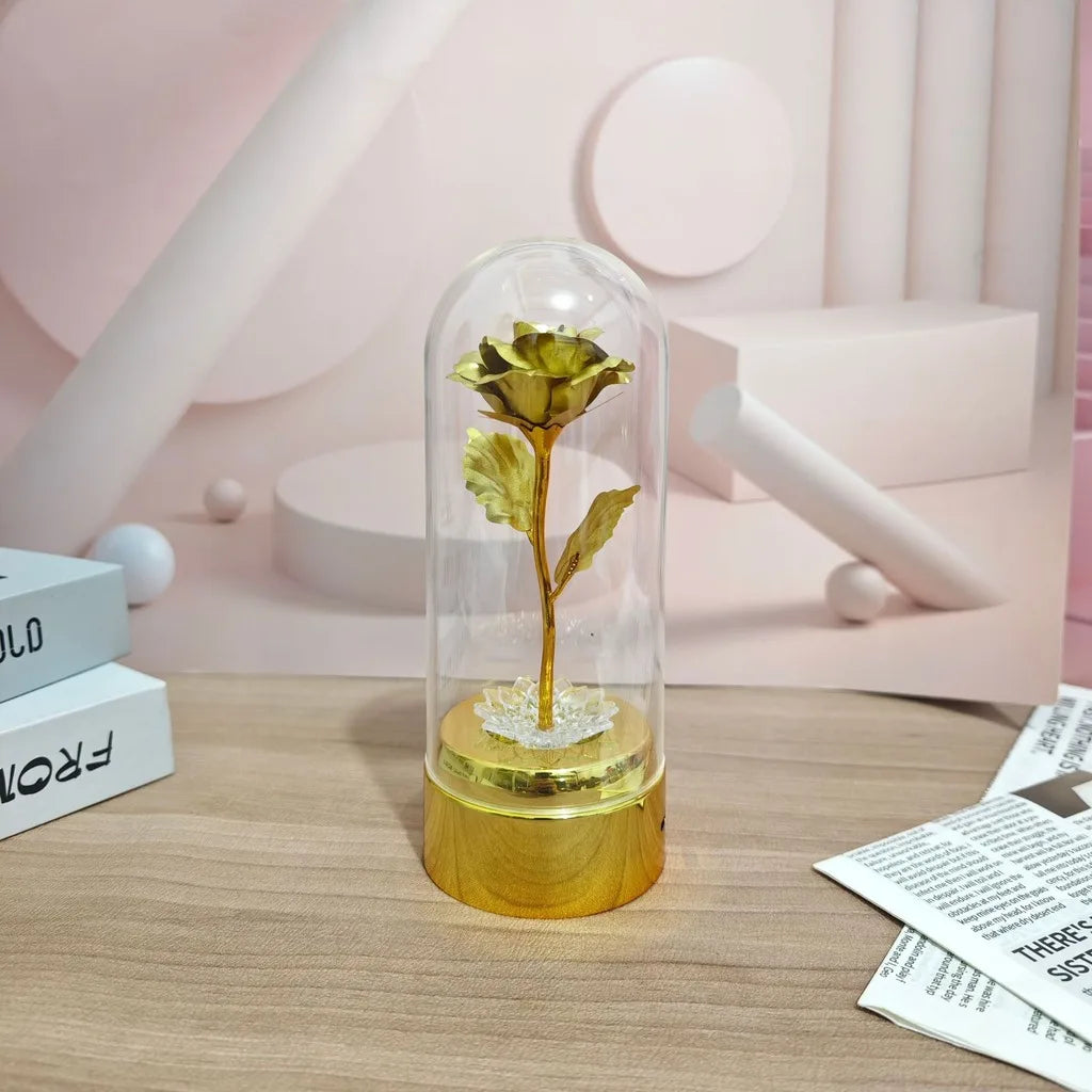 Never Beauty and the Beast Rose with Rose in Clear Dome with Led Light Powered by Battery Gift for Birthday Wedding Valentines Oasis Select Gold-3