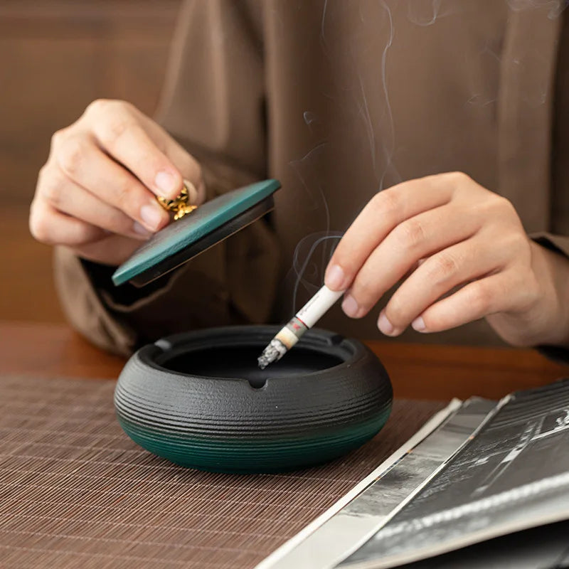 Creative Large Ashtray Household Ceramic Funnel Anti-fly Ash with Lid Office Ashtray Living Room Windproof Portable Ashtray Oasis Select