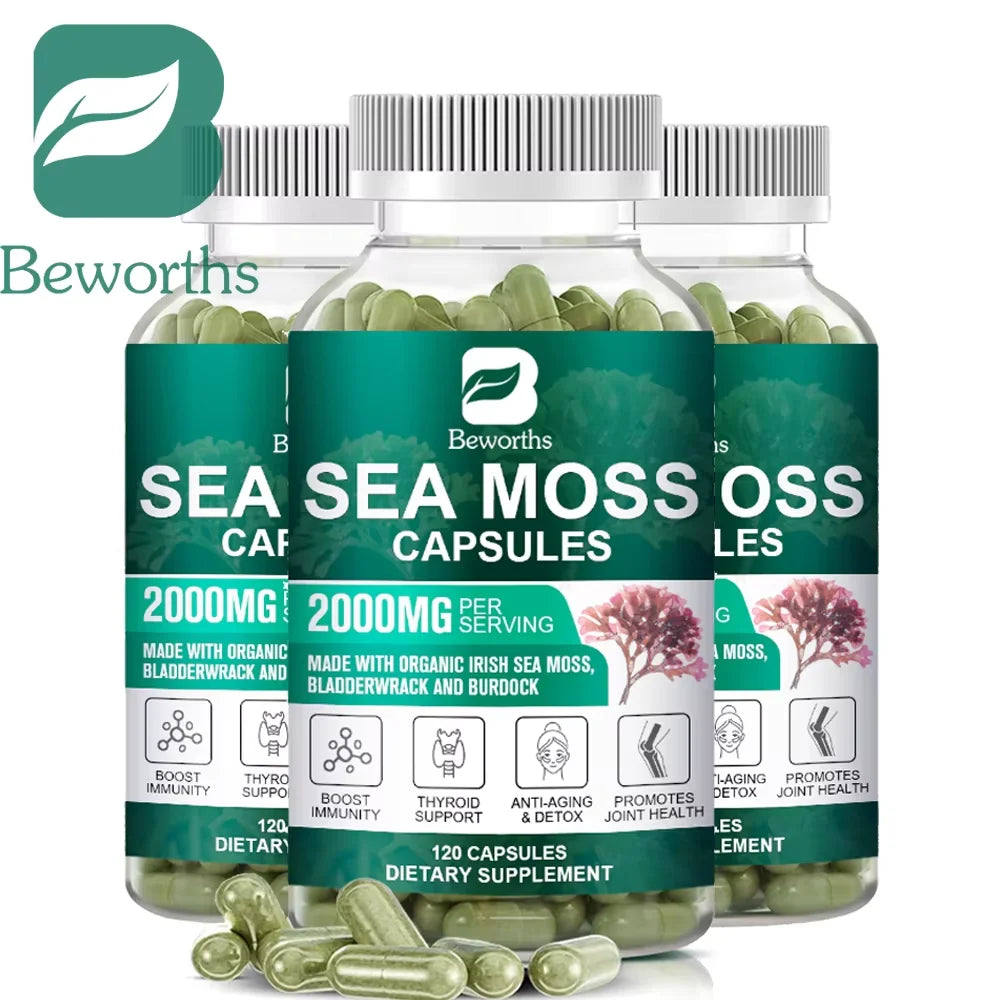 BEWORTHS Organic Sea Moss Pill for Intestinal Health & Immune Support Thyroid Support Skin, Joint Health Support Anti-Aging Oasis Select 3Bottles United States