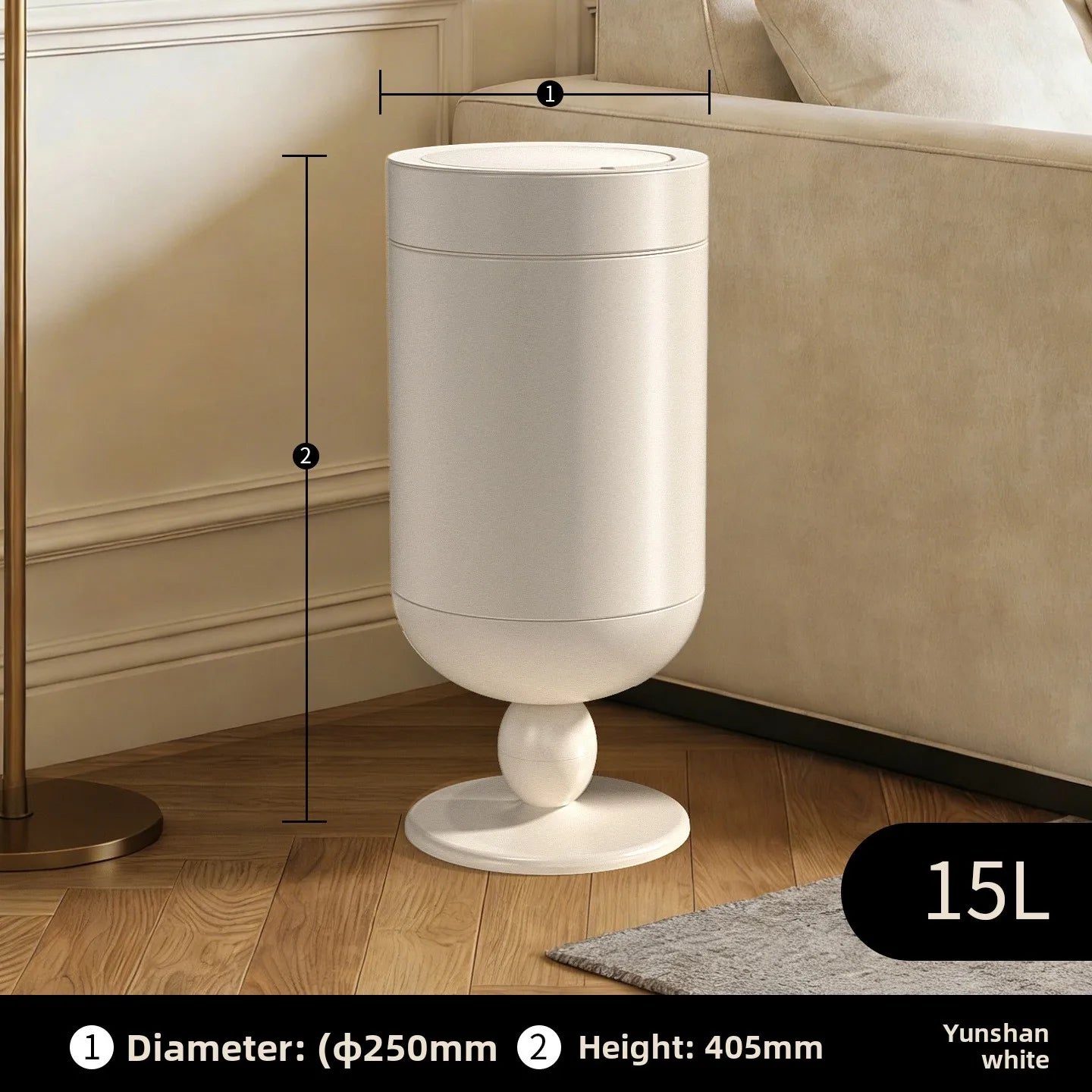 Bedroom large-capacity stainless steel trash can household 2026 new light luxury high-end living room retro with cover removable Oasis Select 15L-White