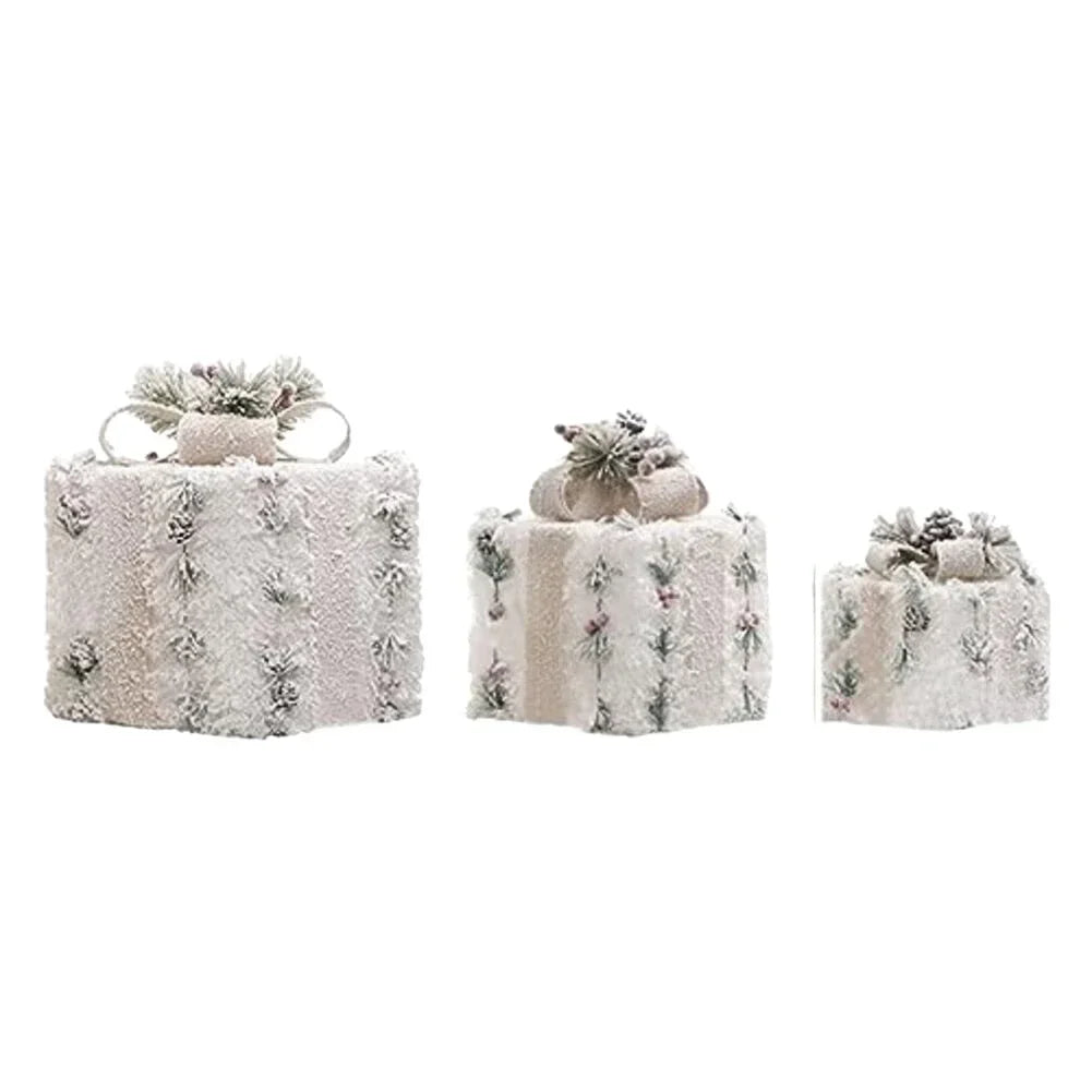 3 Piece Plush Christmas Light Up Boxes Set Featuring Metal Frame Silver Wire Wrap and Timer Function for Seasonal Use Oasis Select glow China Mainland