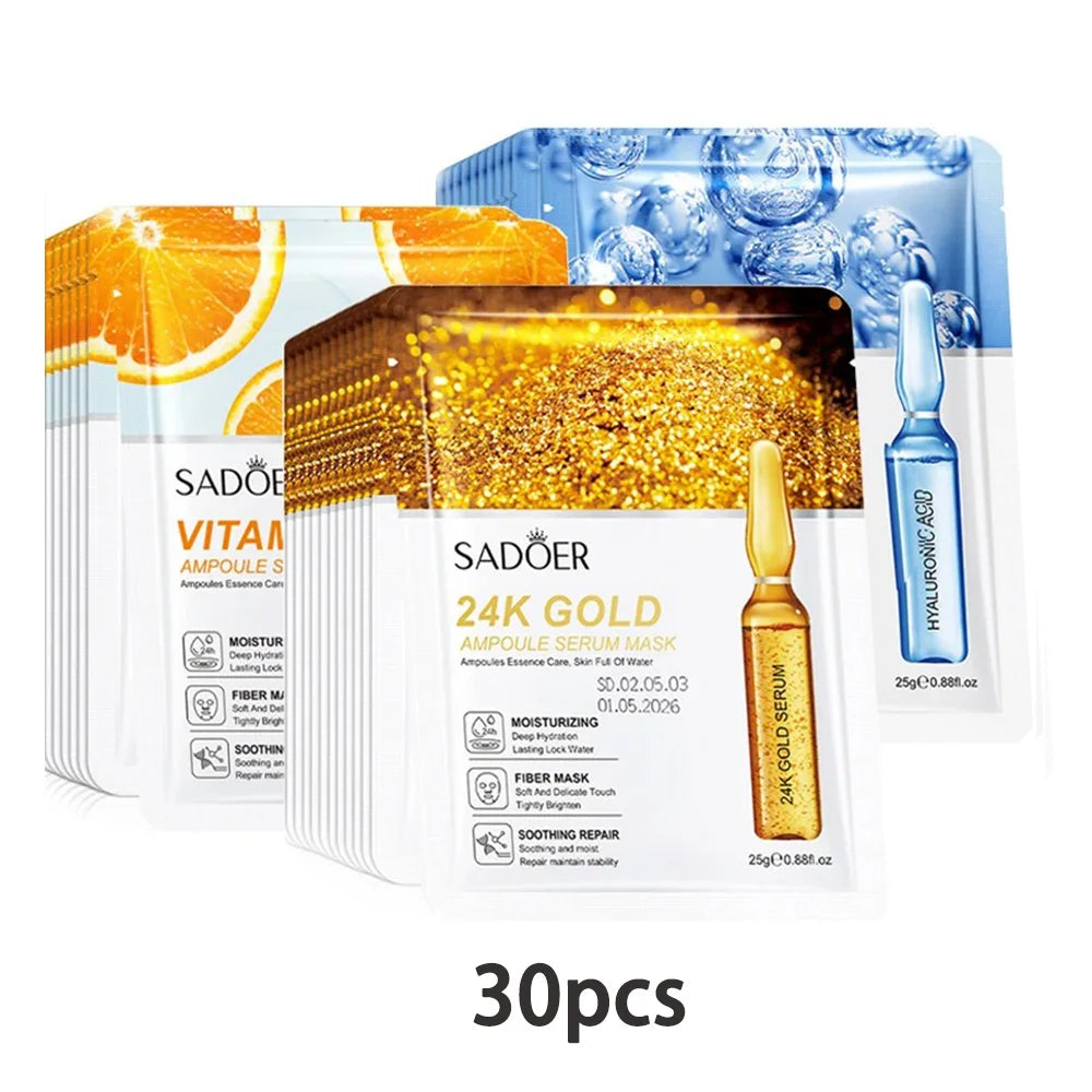 10/20/30pcs 24K Gold Vitamin C Hyaluronic Acid Face Mask Facial Moisturizing Firming Hydrating Facial Masks Skin Care Products Oasis Select Mixed 30pcs
