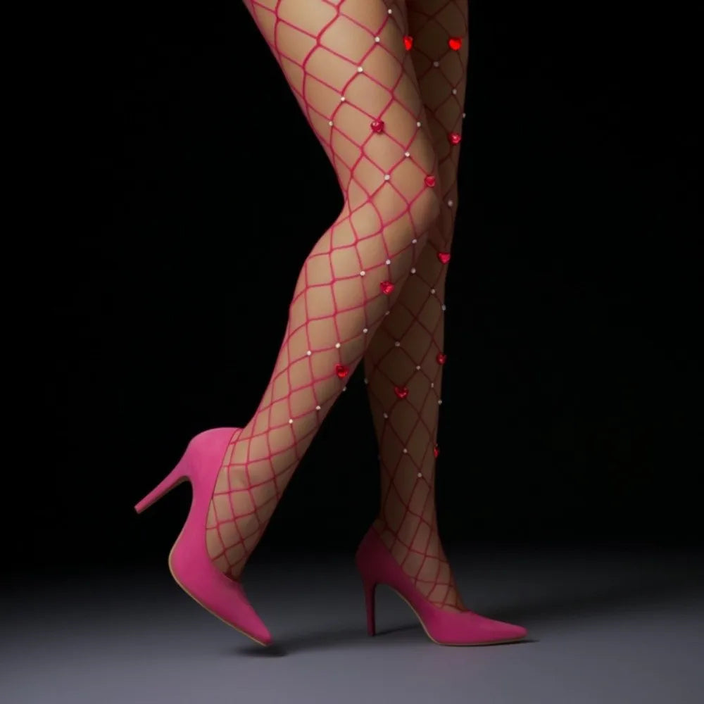 Hollow Out Rhinestone Pantyhose Thin Diamond Heart Patterned Fishnet Stockings Sparkling Larger Mesh Glitter Tights Oasis Select Rose Red One Size