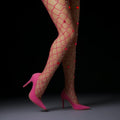 Hollow Out Rhinestone Pantyhose Thin Diamond Heart Patterned Fishnet Stockings Sparkling Larger Mesh Glitter Tights Oasis Select Rose Red One Size