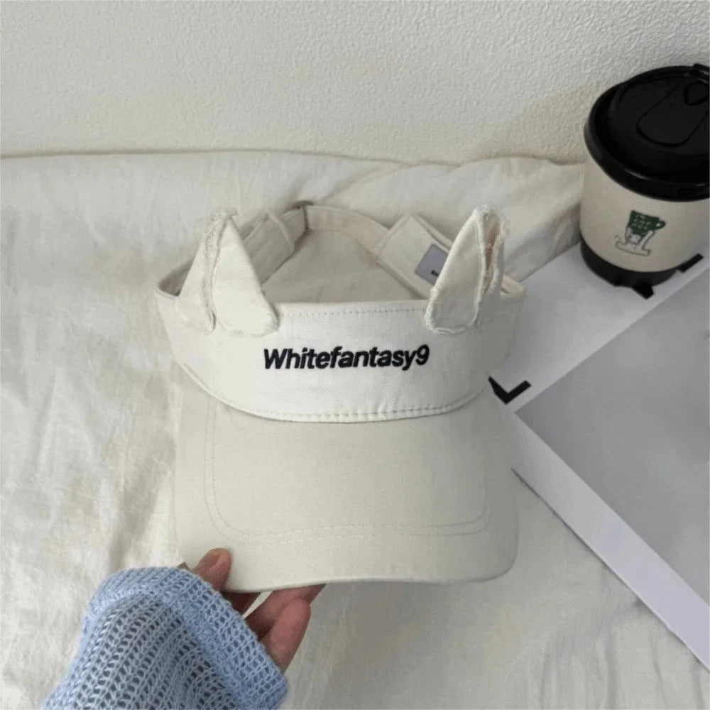 Fashion Lightweight Cat Ears Baseball Cap Cute Ear Solid Color Sun Visor Letter Embroidered Adjustable Sun Hat Summer Oasis Select Beige