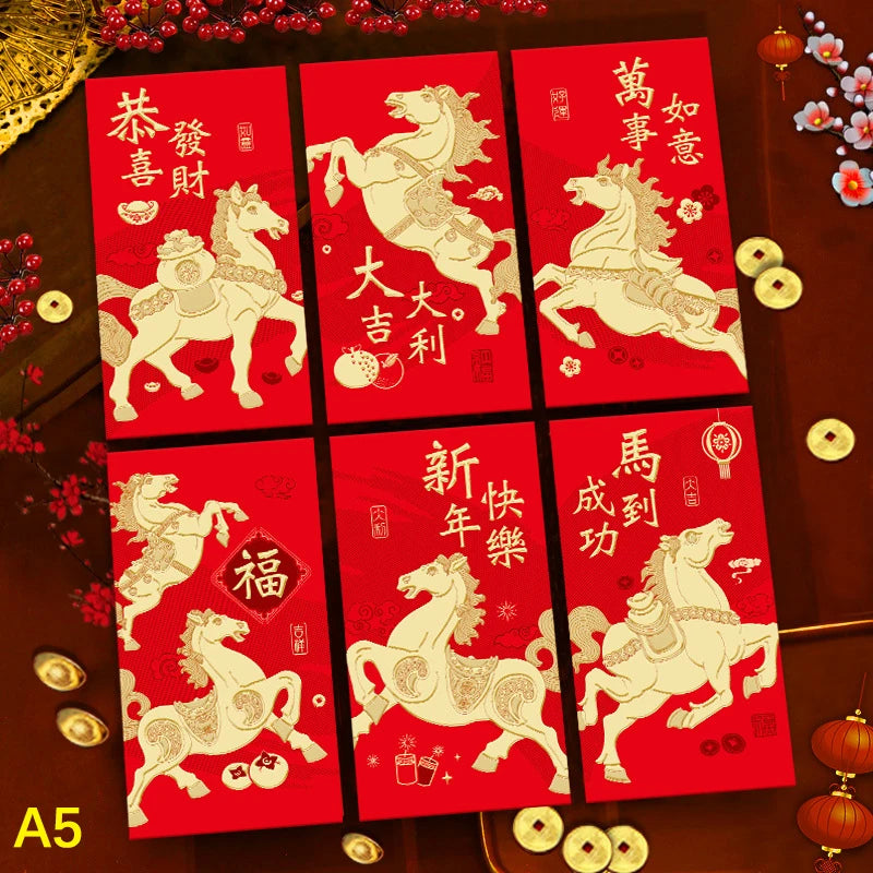 6Pcs/set Chinese New Year Money Envelope Horse Year Red Envelope Red Pocket Spring Festival Envelope Oasis Select A5