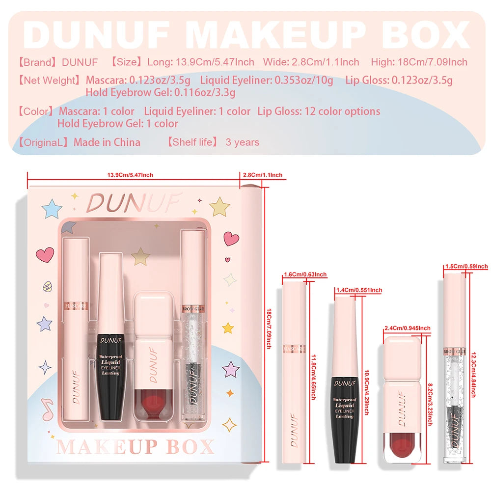 DUNUF 4-in-1 Makeup Gift Set Waterproof Long-Lasting Mascara Liquid Eyeliner Brow Setting Gel Moisturizing Lip Gloss with Mirror Oasis Select