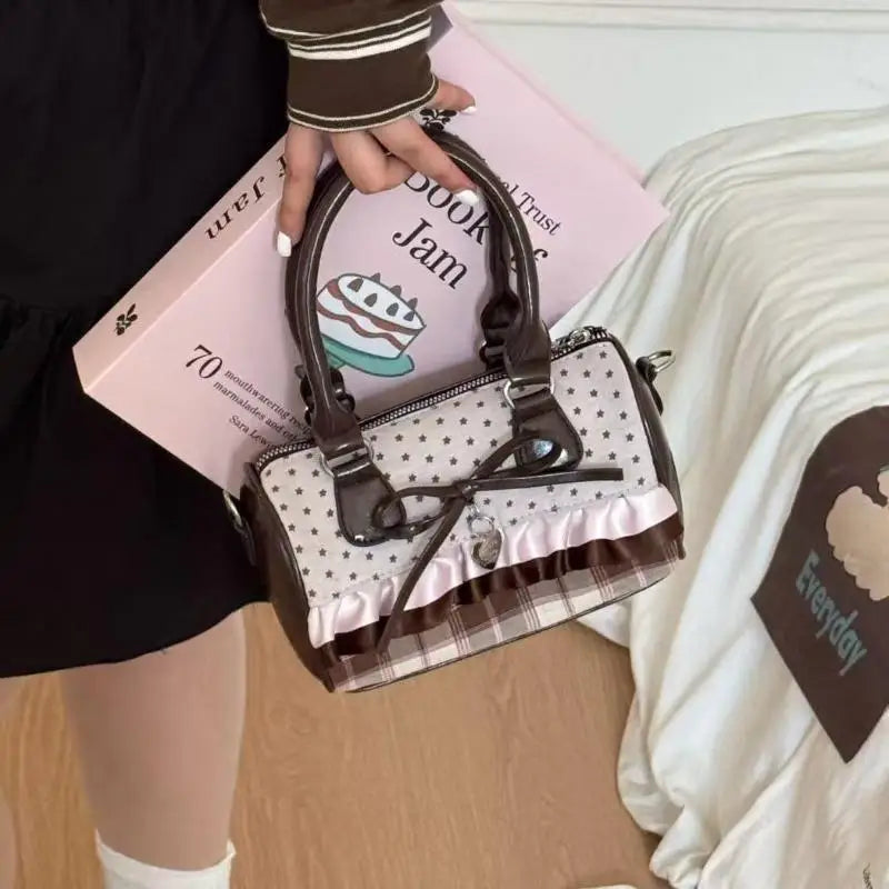 Retro Sweetheart Polka Dot Cylinder Handbag Bow Decor Crossbody Handbag Fashion Korean Kawaii Brown Small Shoulder Bag Oasis Select B