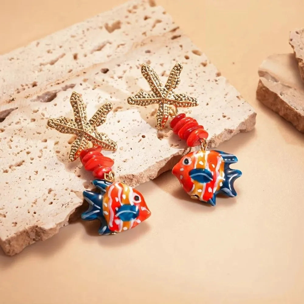 Funny Beaded Fish Drop Earrings Glass Ocean Style Starfish Stud Earrings Unique Glaze Summer Jewelry Gifts for Women Oasis Select