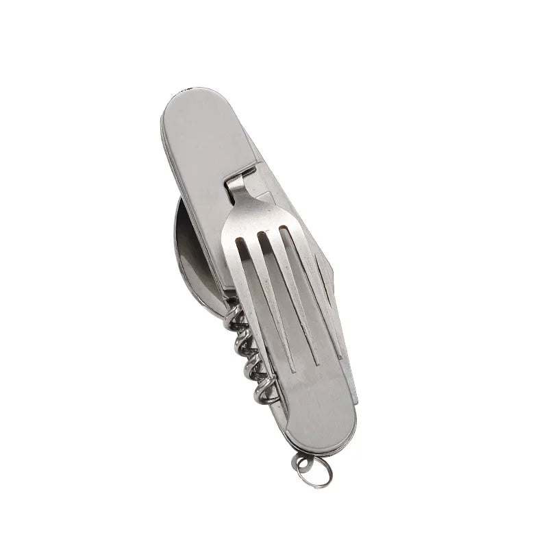 Foldable Spoon Knife Fork Bottle Tablespoon Set 4 in 1 Bottle Opener Stainless Steel Folding Pocket Kits Outdoor Camping Utensil Oasis Select Steelcolor