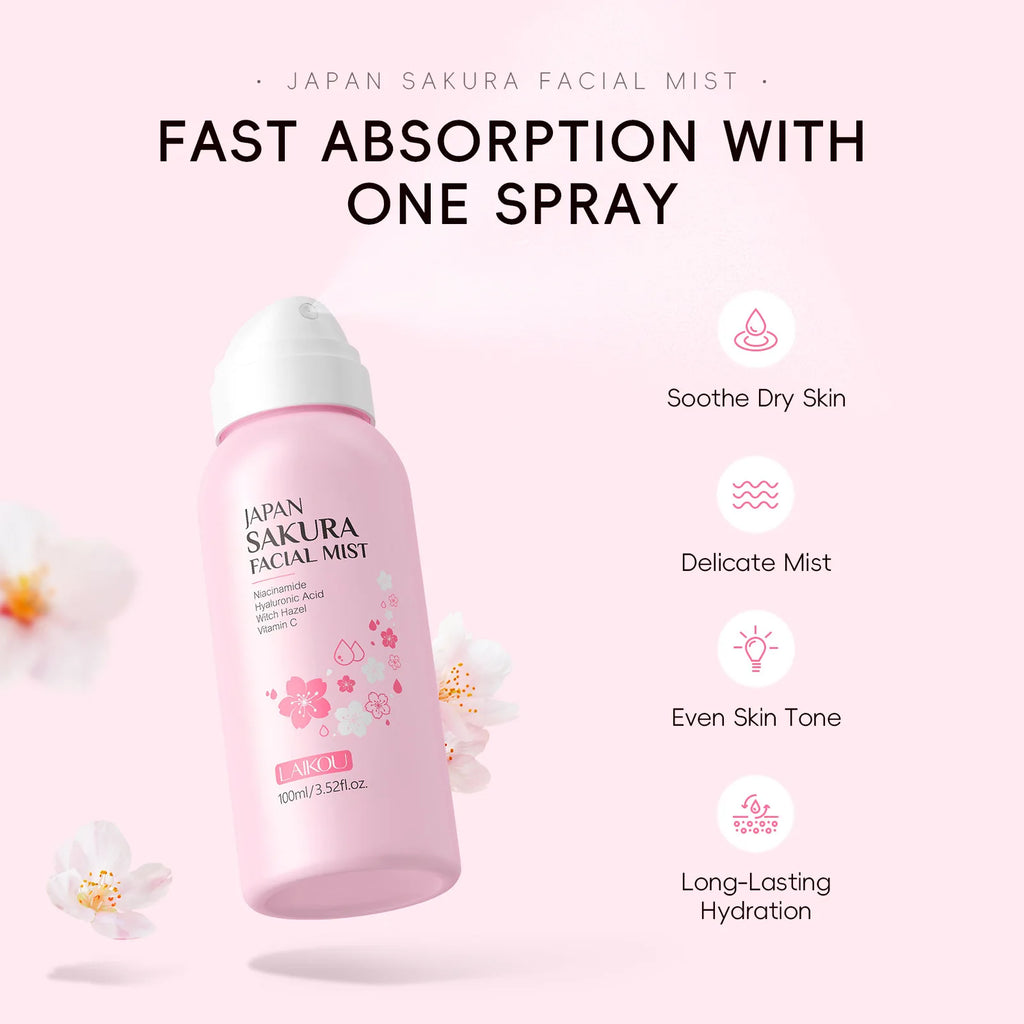 LAIKOU Sakura Toner Hydrating Moisturize Gentle Repair Brightening Skin Improve Glow Serum Toner Spray 100ml Oasis Select