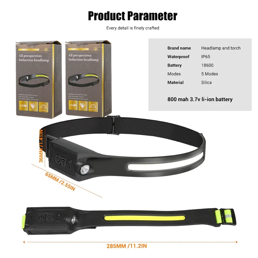 COB LED Sensor Headlamp USB Rechargeable – Camping & Fishing