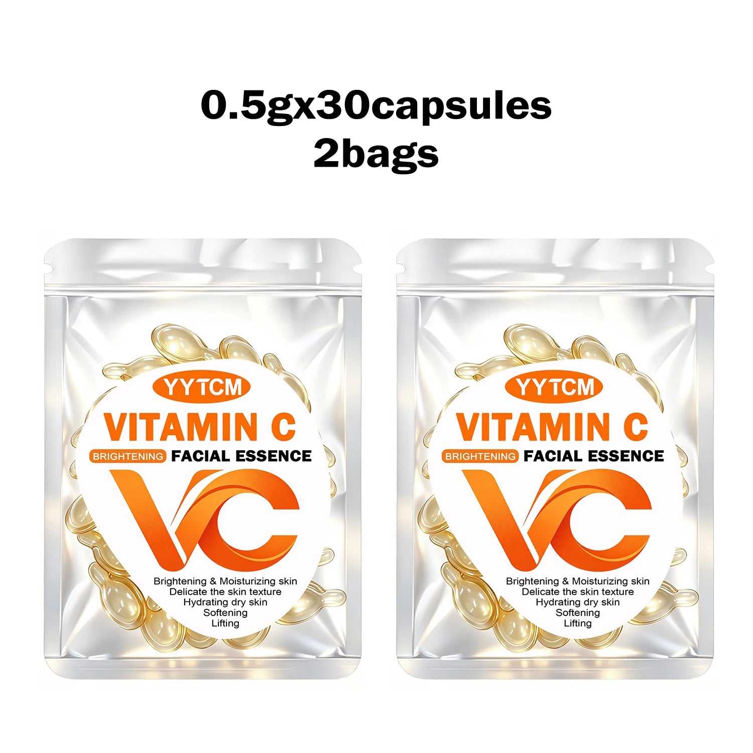 Vitamin C Facial Serum, Moisturizing and Brightening, Firming the Skin, Contains Vitamin E, Retinol, Hyaluronic Acid, Facial Skin Care Serum, 18 Capsules/30 Capsules/60 Capsules/90 Capsules/150 Capsules/300 Capsules Oasis Select 2 Bags 30 Capsules