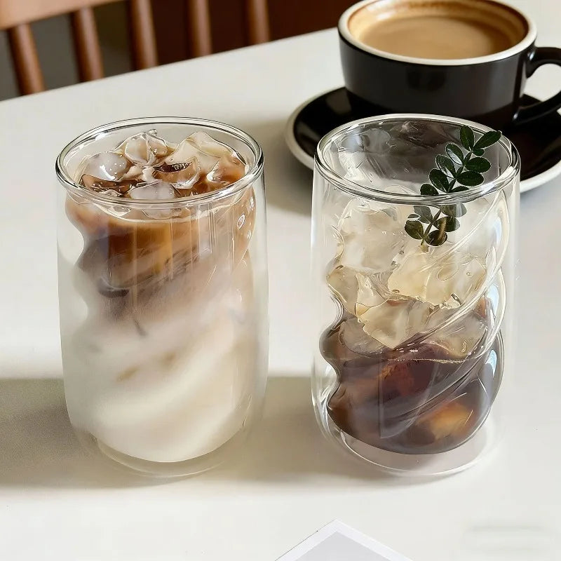 Double Wall Spiral High Borosilicate Glass Tumbler with Straw, Heat Resistant Anti-scald Reusable Cup for Iced Coffee Milk Juice Oasis Select