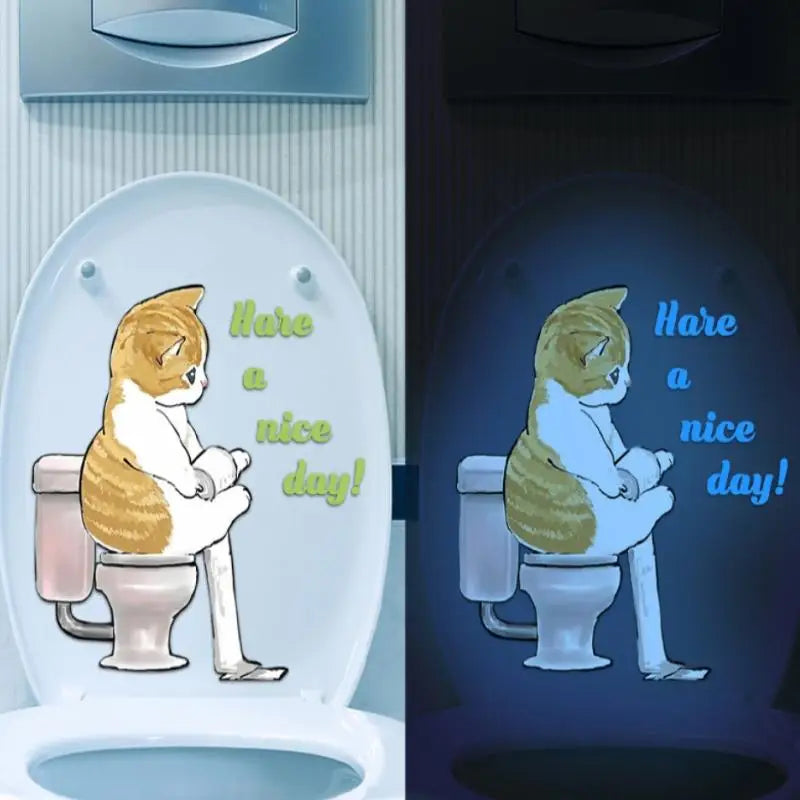 1PC Funny Cat Sticker Glow in the Dark Cat Squatting Toilet Decal English Slogan Toilet Sticker Self-Adhesive Sticker Home Decor Oasis Select