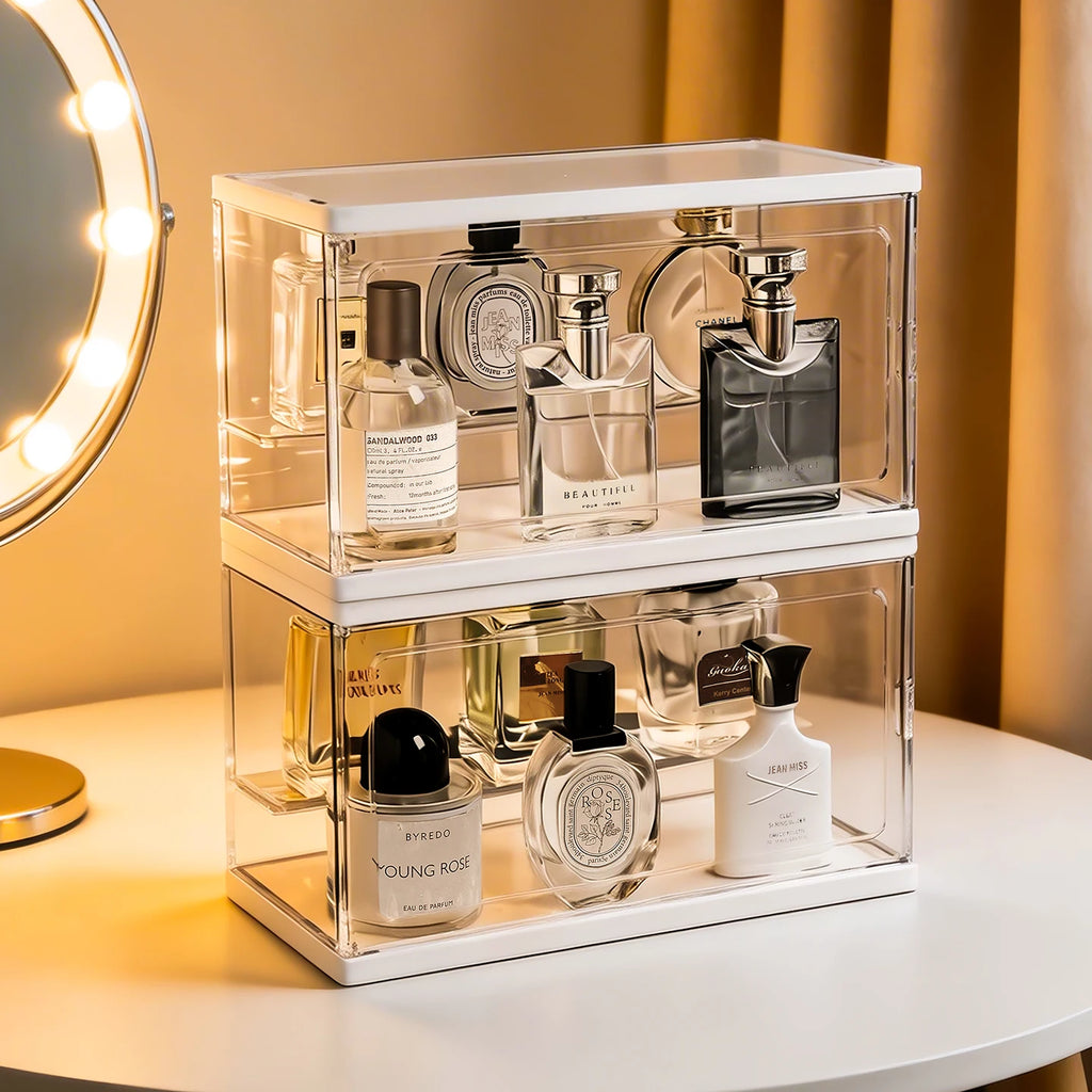 1pc transparent acrylic perfume display box dust belt cover stackable cosmetic storage box cosmetic perfume storage box Oasis Select