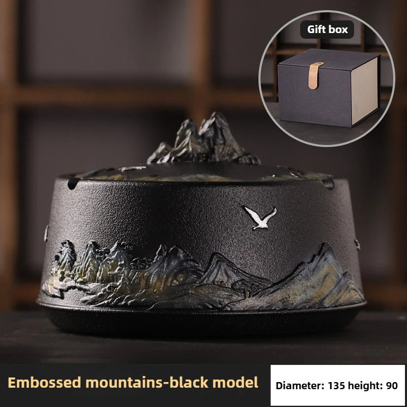 Chinese Style Relief Mountain Ashtray High-end Atmospheric Upscale Home Office Large Size with Lid Windproof Ashtray Oasis Select A Gift Box Set