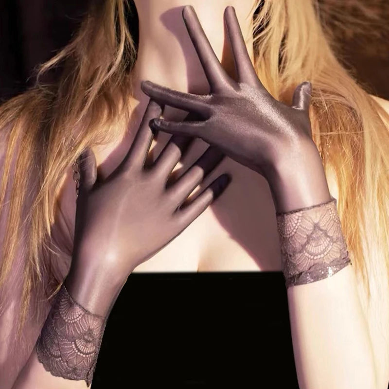 Women Oil Glossy Tight Stocking Gloves Sexy High Elastic Transparent Ultra-Thin Clubwear Short Wrist Gloves Oasis Select gray lace trim