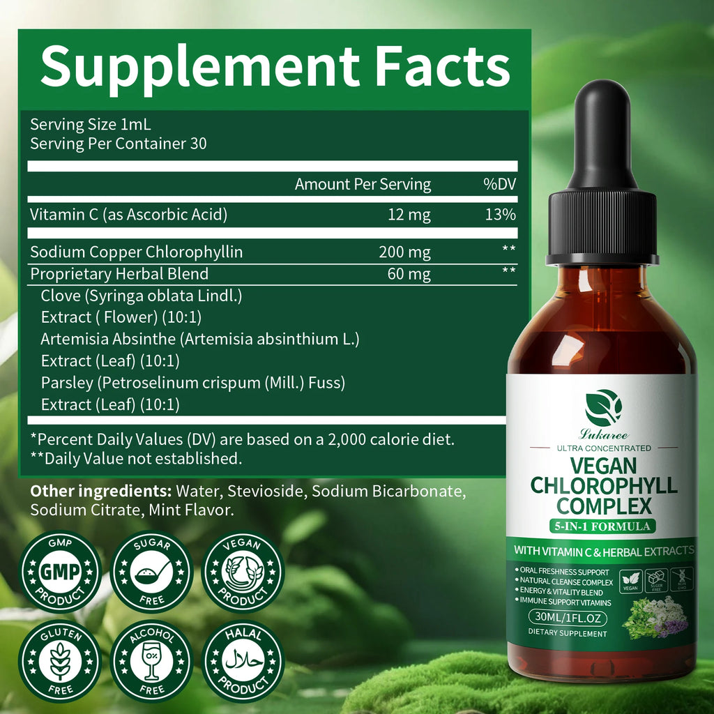 Lukaree 30MLChlorophyll Liquid Drops Supports Natural Cleansing & Immune, Internal Deodorant,Skin & Gut Health,Vegan,Sugar-Free Oasis Select