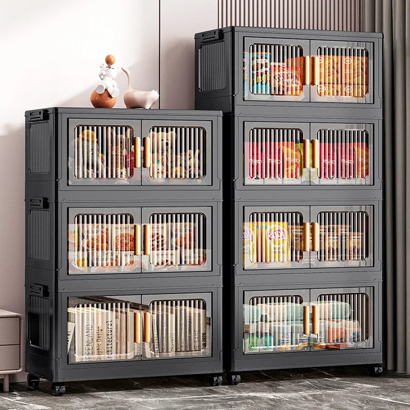 Foldable Clear Double-Door Storage Cabinet Large Space-Saving Mobile Organizer Dustproof Moisture-Proof for Kitchen Living Room Oasis Select