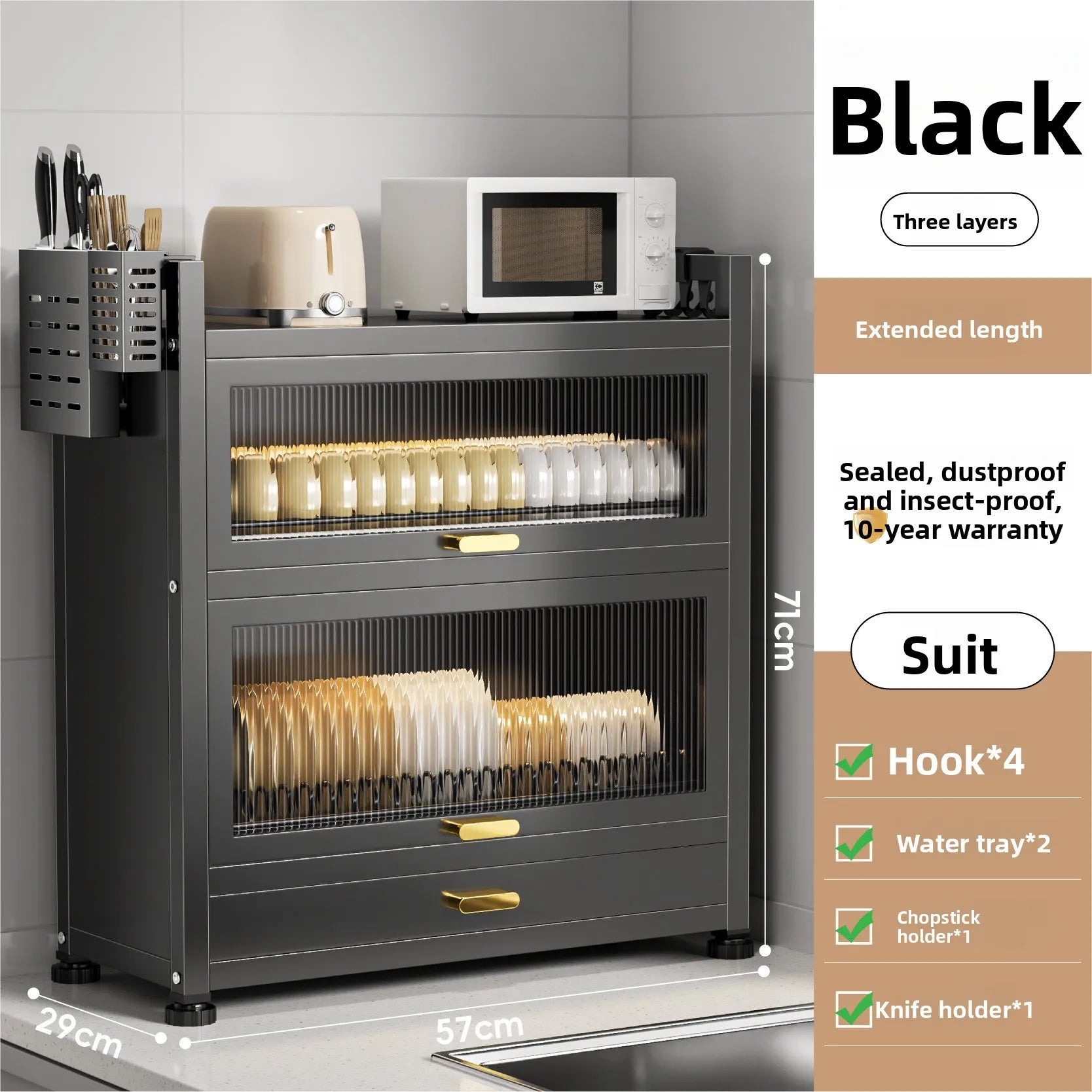 Kitchen cupboard storage box with door, dust-proof bowl rack, countertop, dish storage rack, chopsticks, dishes, drain rack Oasis Select CT-57-Black
