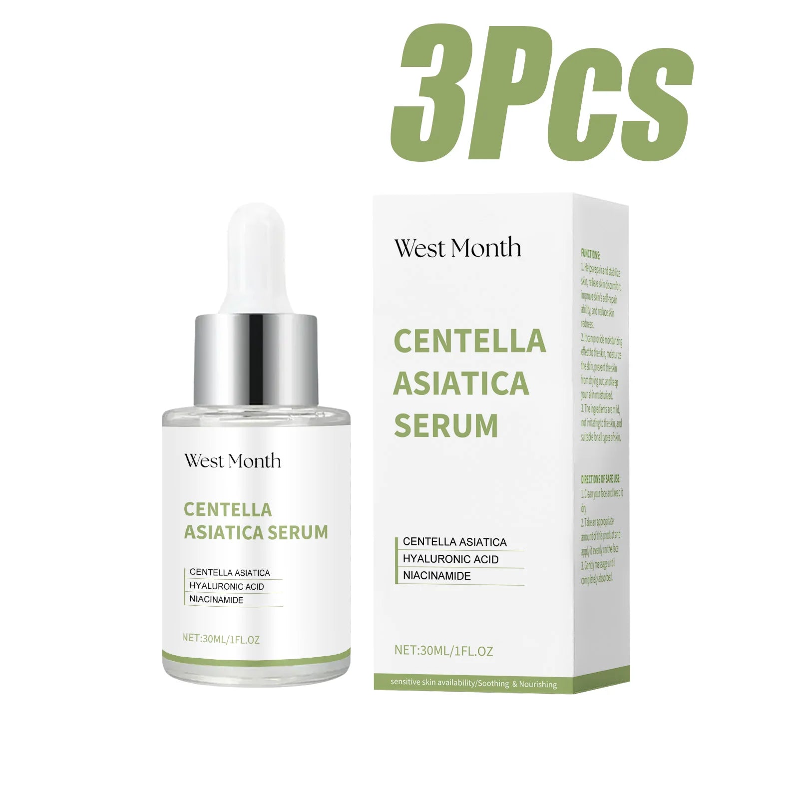 Centella Asiatica Serum Brightening Hydrating Facial Essence Soothing Moisturizing Anti-Redness Beauty Skincare Smooth Texture Oasis Select 3 x 30ml Boxed