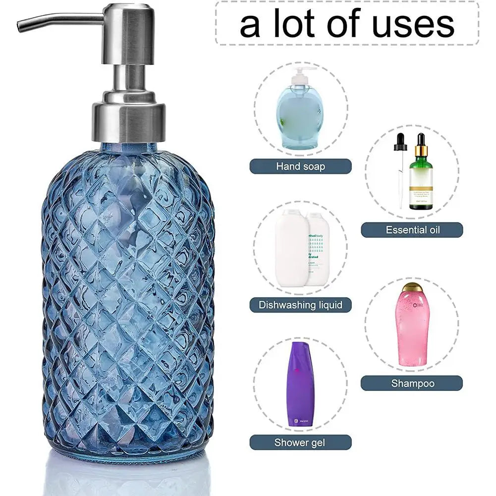 480ML Glass Soap Dispenser Rust Proof Stainless Steel Pump, Gem Patterned Refillable Hand Soap Dispenser for Kitchen Bathroom Oasis Select