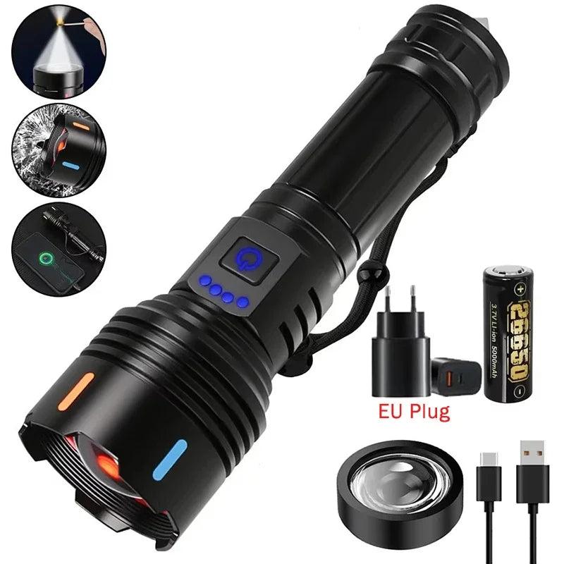 100000LM Ultra Bright LED Flashlight Rechargeable with Flame Ignition&Window Breaker Tactic Torch for Outdoor Camping Adventure Oasis Select Set A