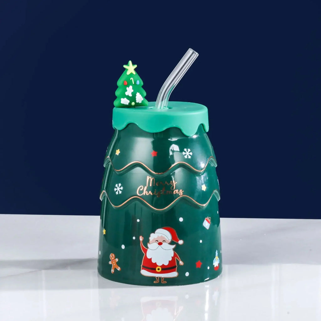 Christmas Creative Elk Snowman Ceramic Cup Creative Christmas Tree Cup with Lid Straw Gift Practical Cartoon Cup Oasis Select green 450ml