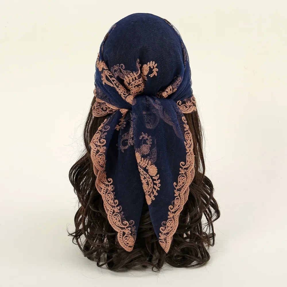 Elegant Square Lace Scarf Hollow Out Thin Foulard Bandana Floral Embroidery Vintage Hair Scarf Headband Women Oasis Select Blue