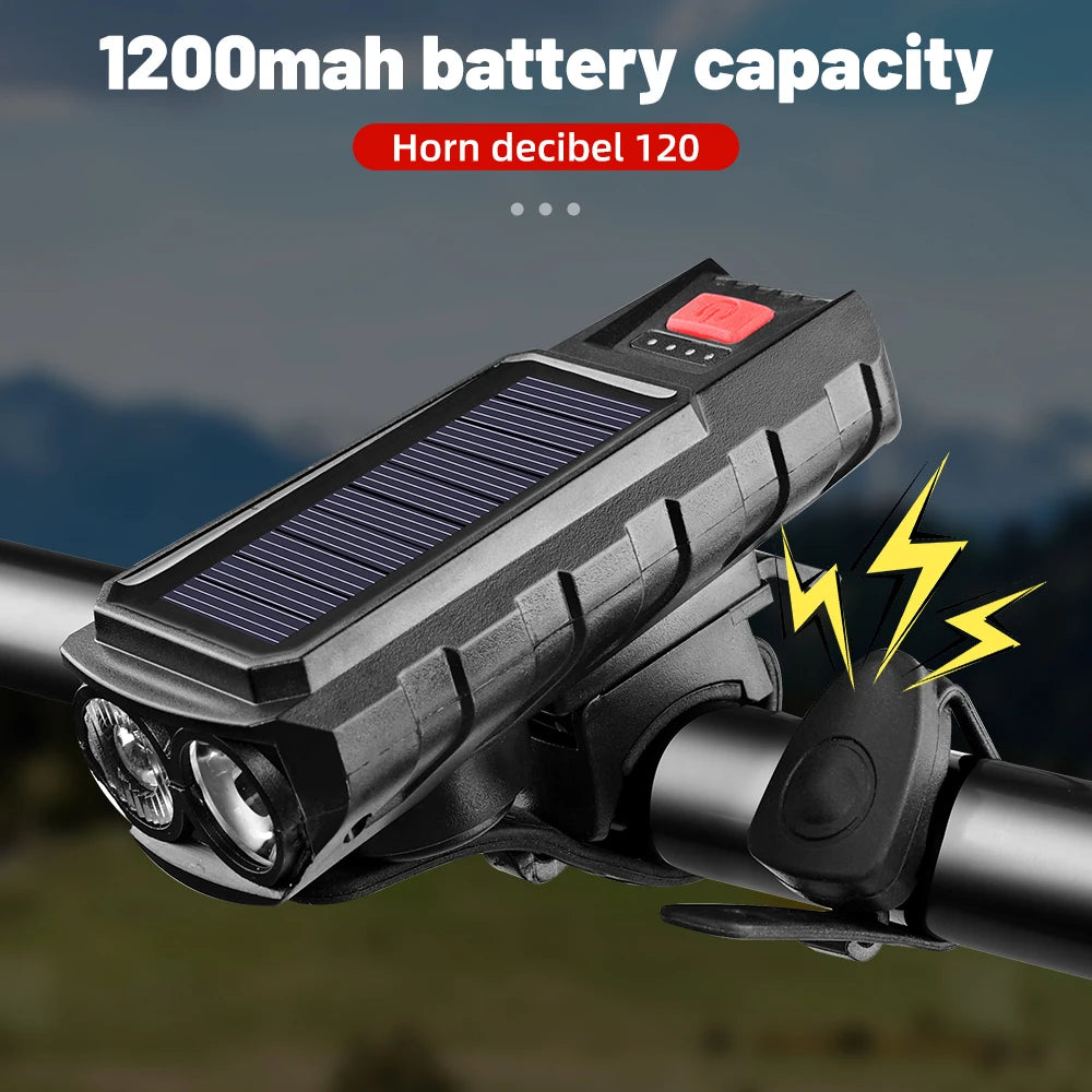 Bicycle Front Light Solar TYPE-C Rechargeable MTB Road Front Light High Brightness Flashlight 120dB With Horn led cycling front Oasis Select