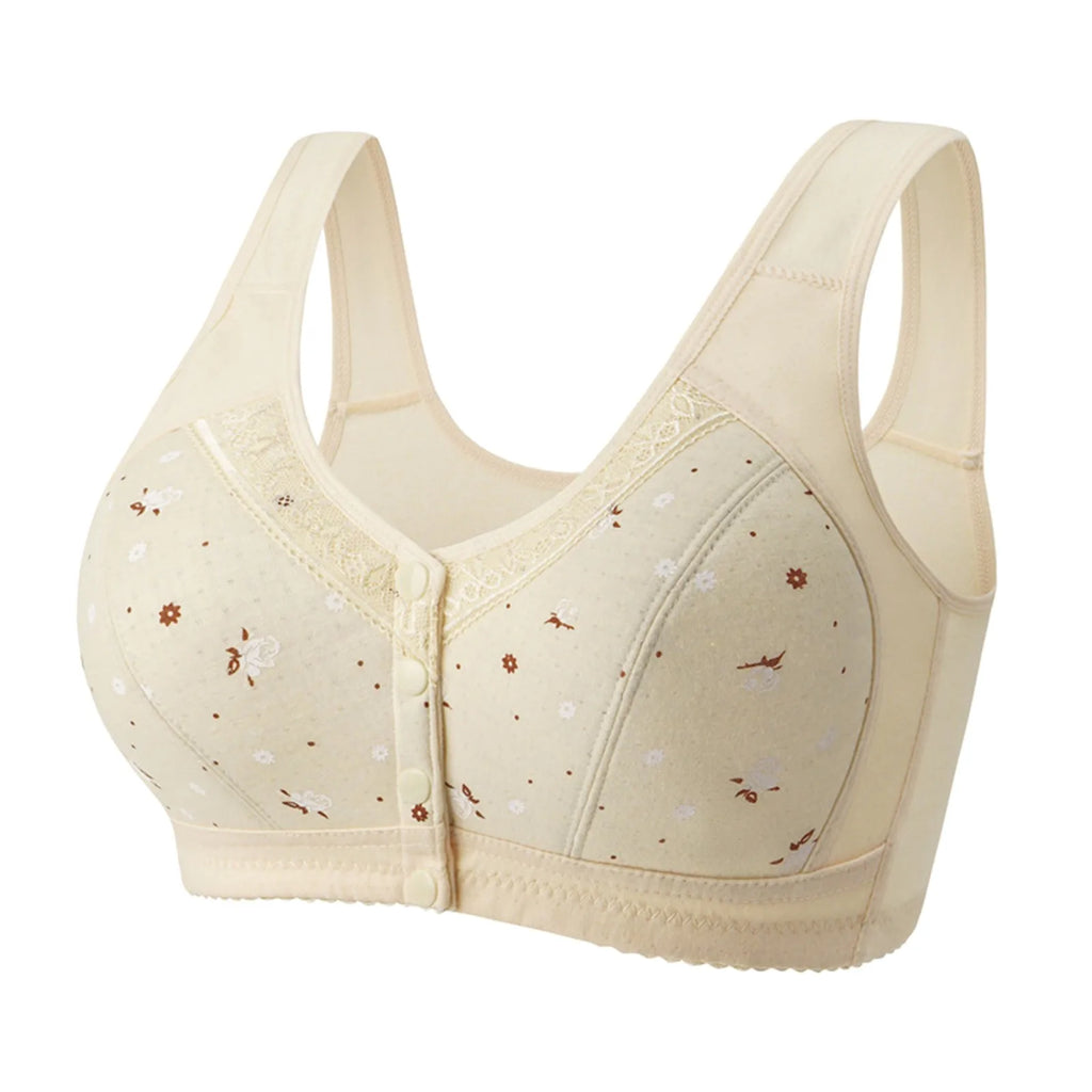 Plus Size Flower Print Wire Free No Pads Nursing Bra Mid-aged Mom Open Front Vest Brassiere Lingerie Cotton Bralette Underwear Oasis Select Yellow 40