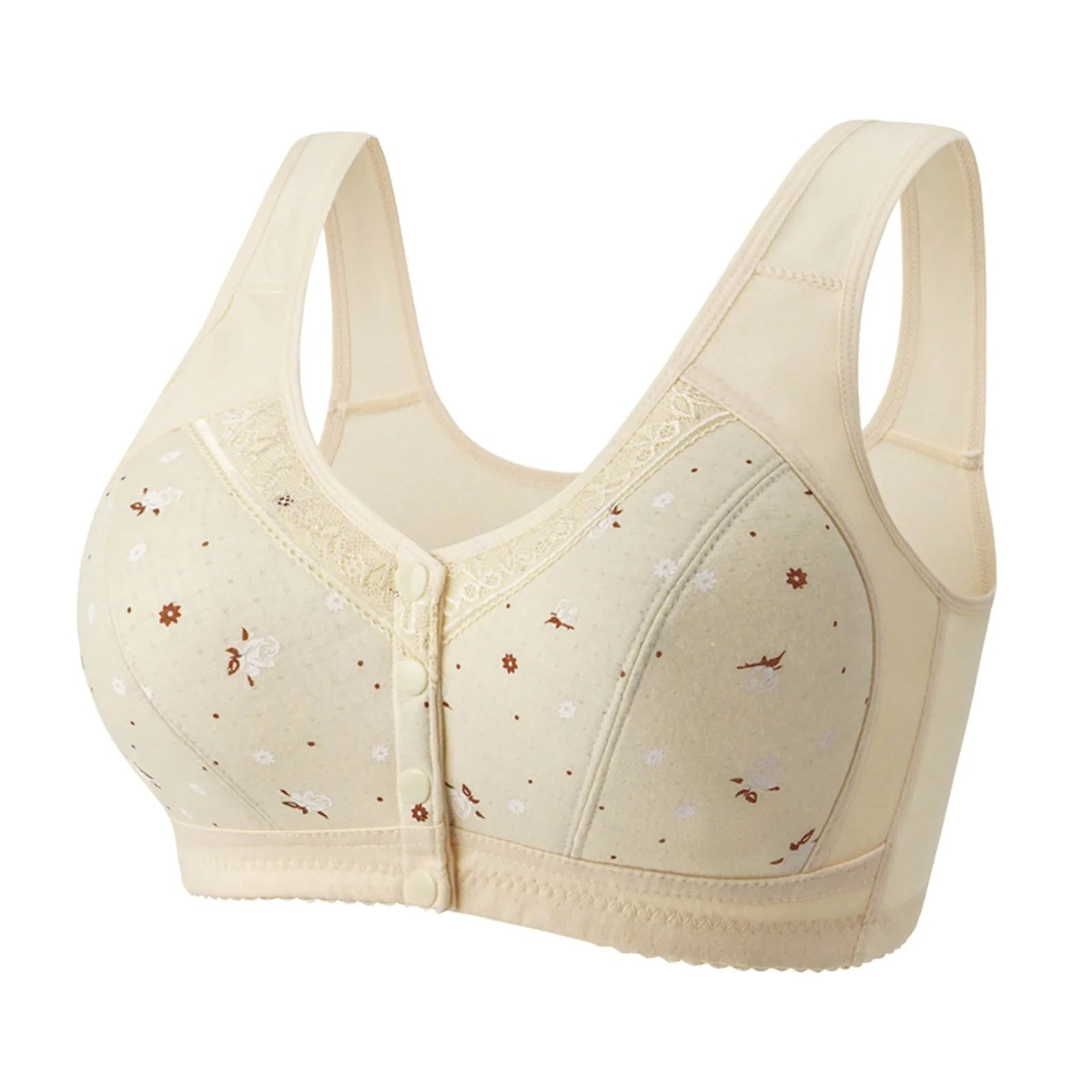 Plus Size Flower Print Wire Free No Pads Nursing Bra Mid-aged Mom Open Front Vest Brassiere Lingerie Cotton Bralette Underwear Oasis Select Yellow 40