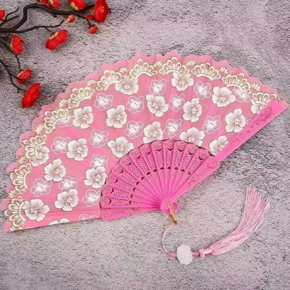 Chinese Folding Fan – Flower Pattern Hanfu Fan with Tassel