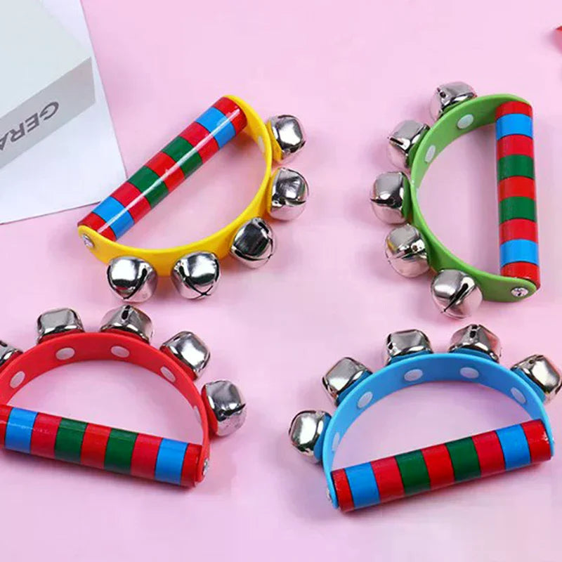 1PC Children's Intellectual Props Handbell Hand Bells With 5 Jingle Bells Wood Handle Musical Instrument Toy For Music Class Oasis Select