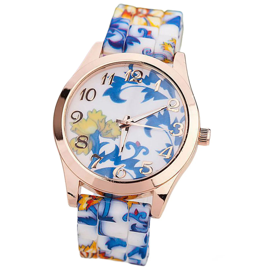Women's Floral Dial Quartz Watch – Elegant Silicone Wristwatch
