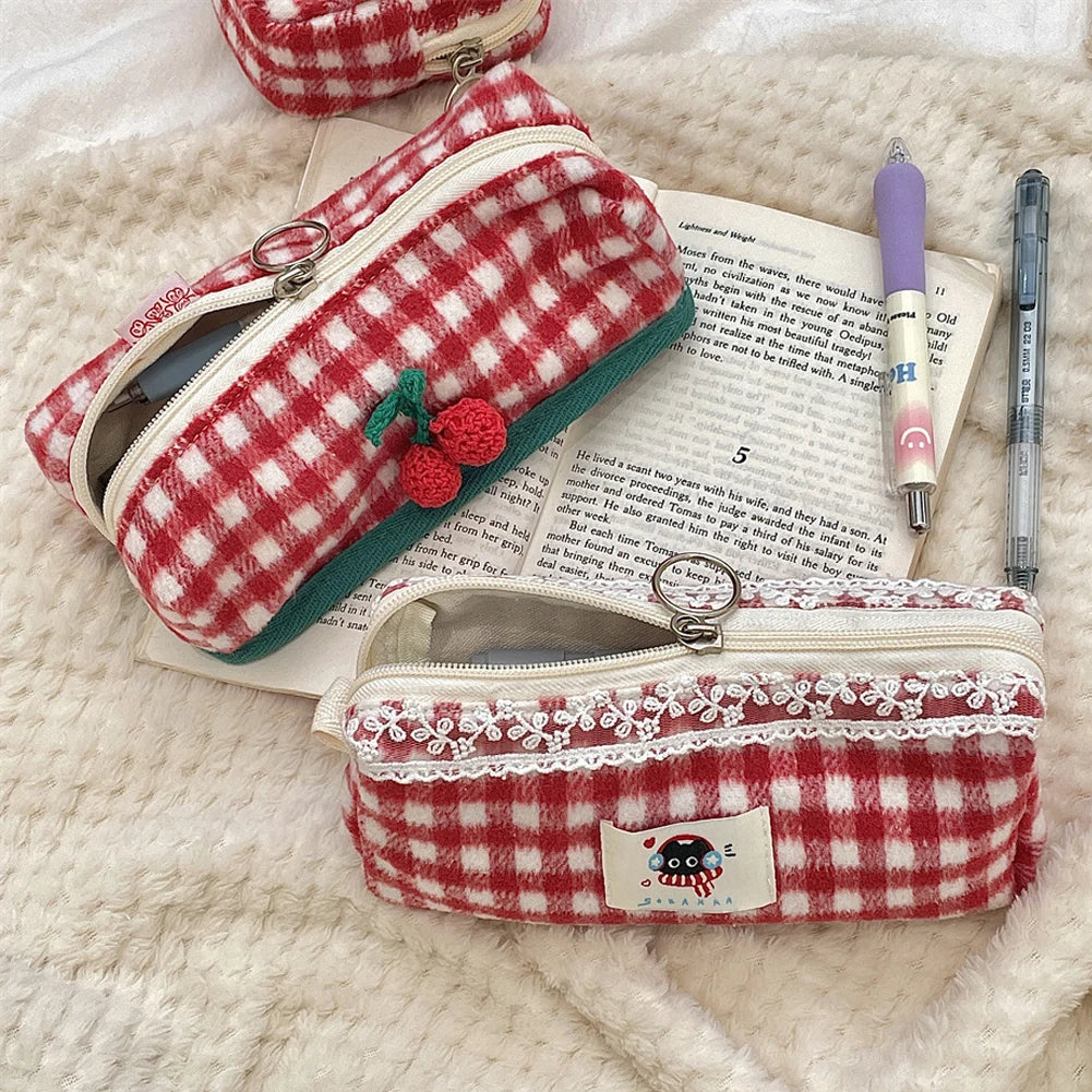 Cherry Fabric Pencil Case – Large Capacity Stationery Bag