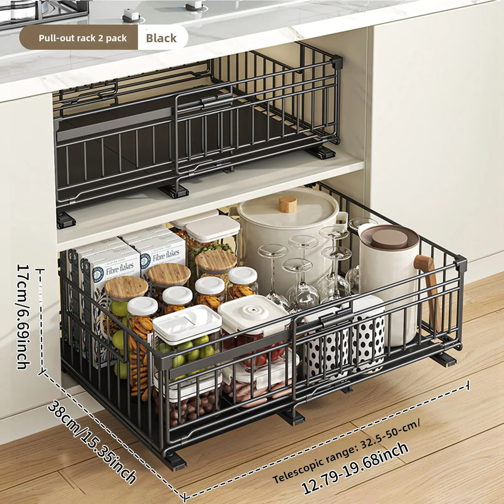 Telescopic basket, kitchen, deep cabinet, pull-out rack, tableware, storage box, cabinet, seasoning, dishes, drawer type Oasis Select Black 2-piece set